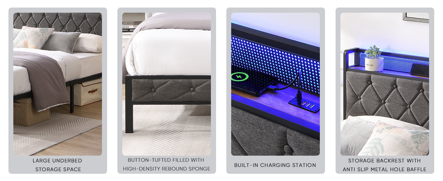 Tufted grey upholstered headboard of a platform bed with storage