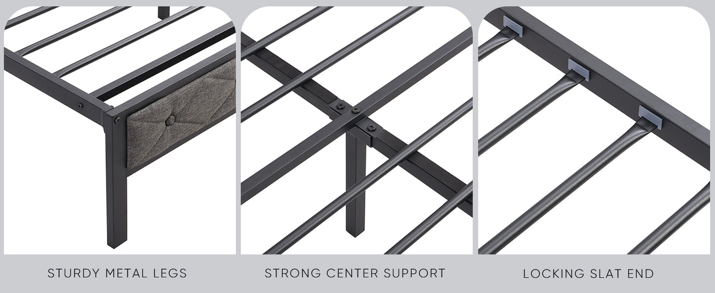 Closeup of black metal bed frame corner with grey upholstered headboard detail