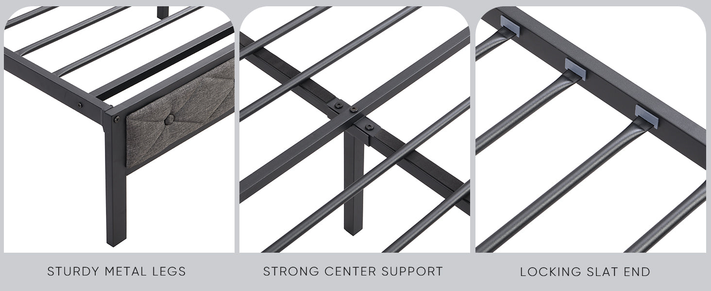 Closeup of black metal bed frame corner with grey upholstered headboard detail