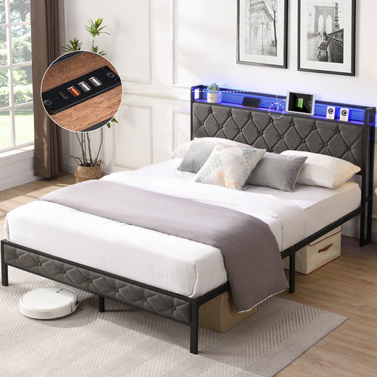 Dark grey tufted headboard bed frame with builtin USB charging ports