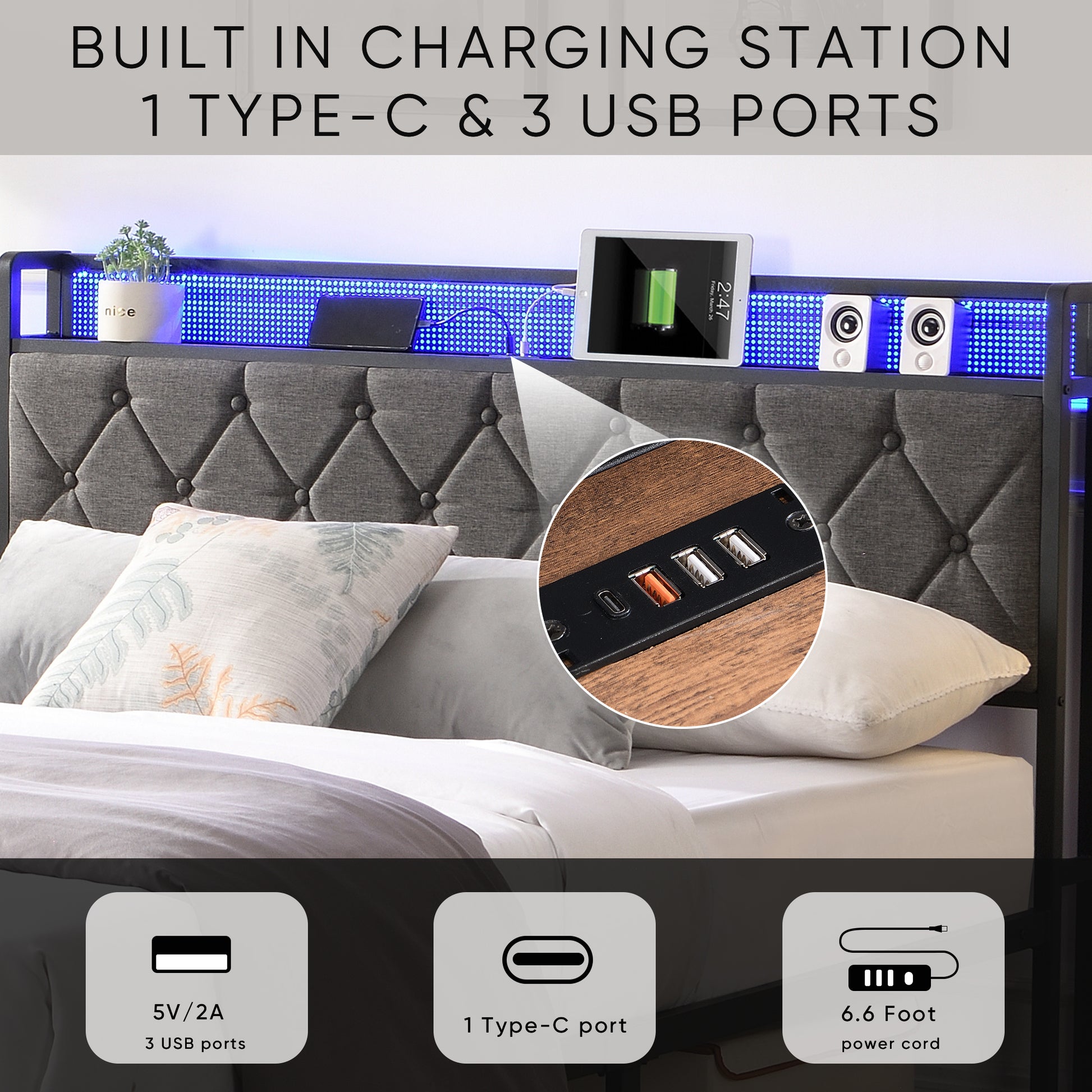 Grey tufted upholstered headboard with builtin charging station