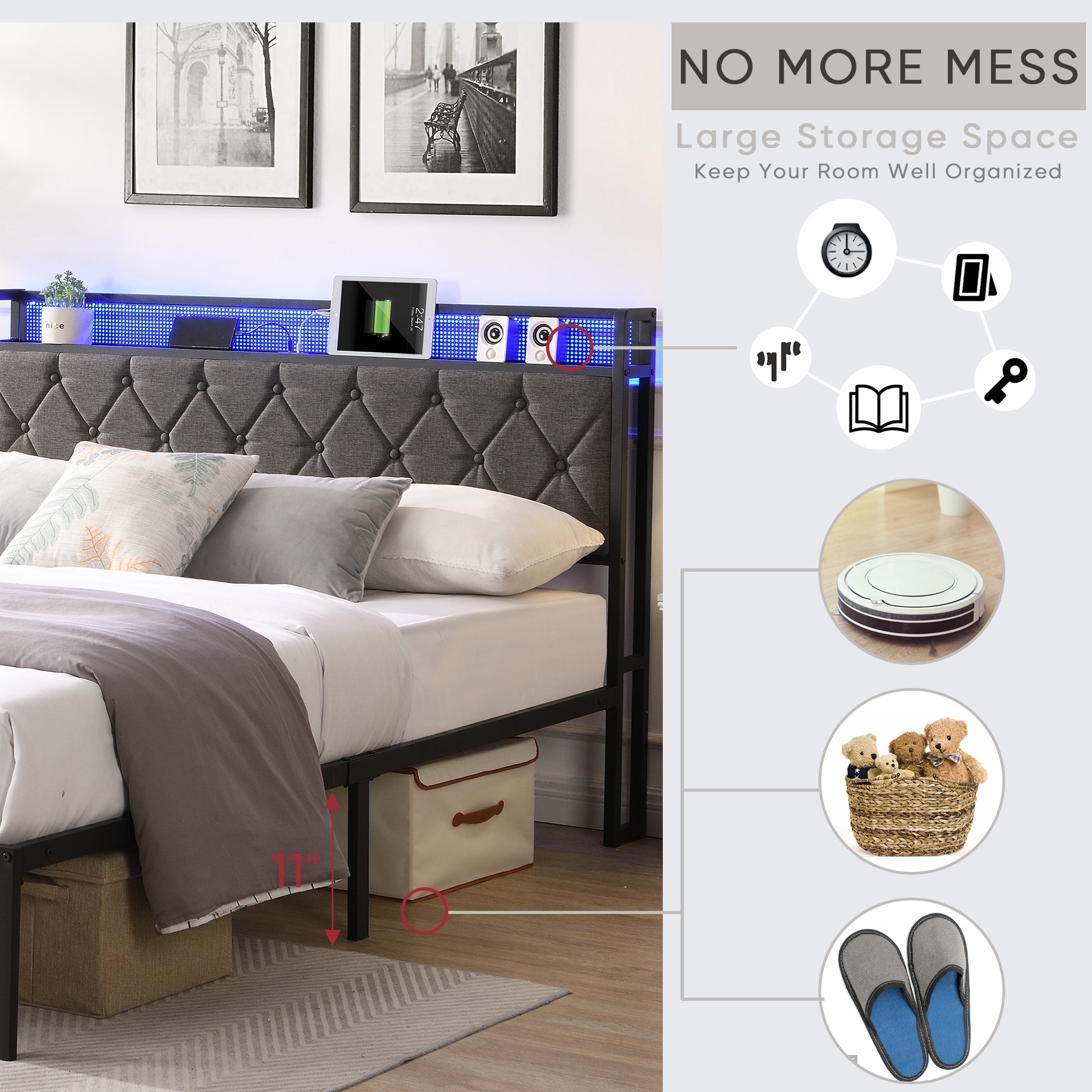 Tufted gray upholstered headboard with builtin LED lights and USB charging ports