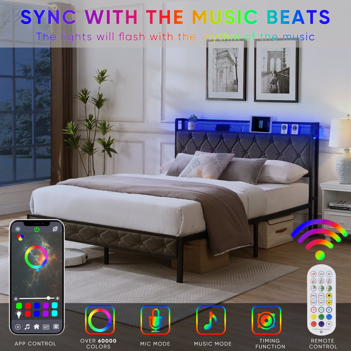 Tufted upholstered headboard bed frame with builtin RGB LED lights