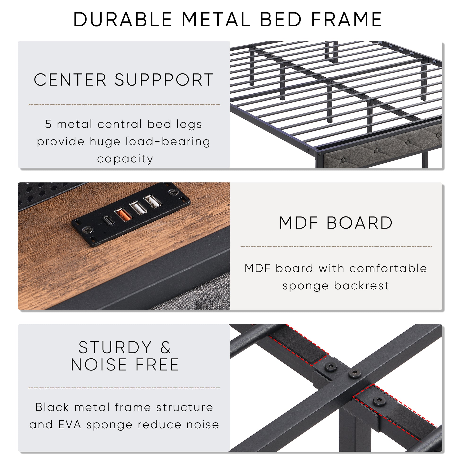 Black metal bed frame with central support slats
