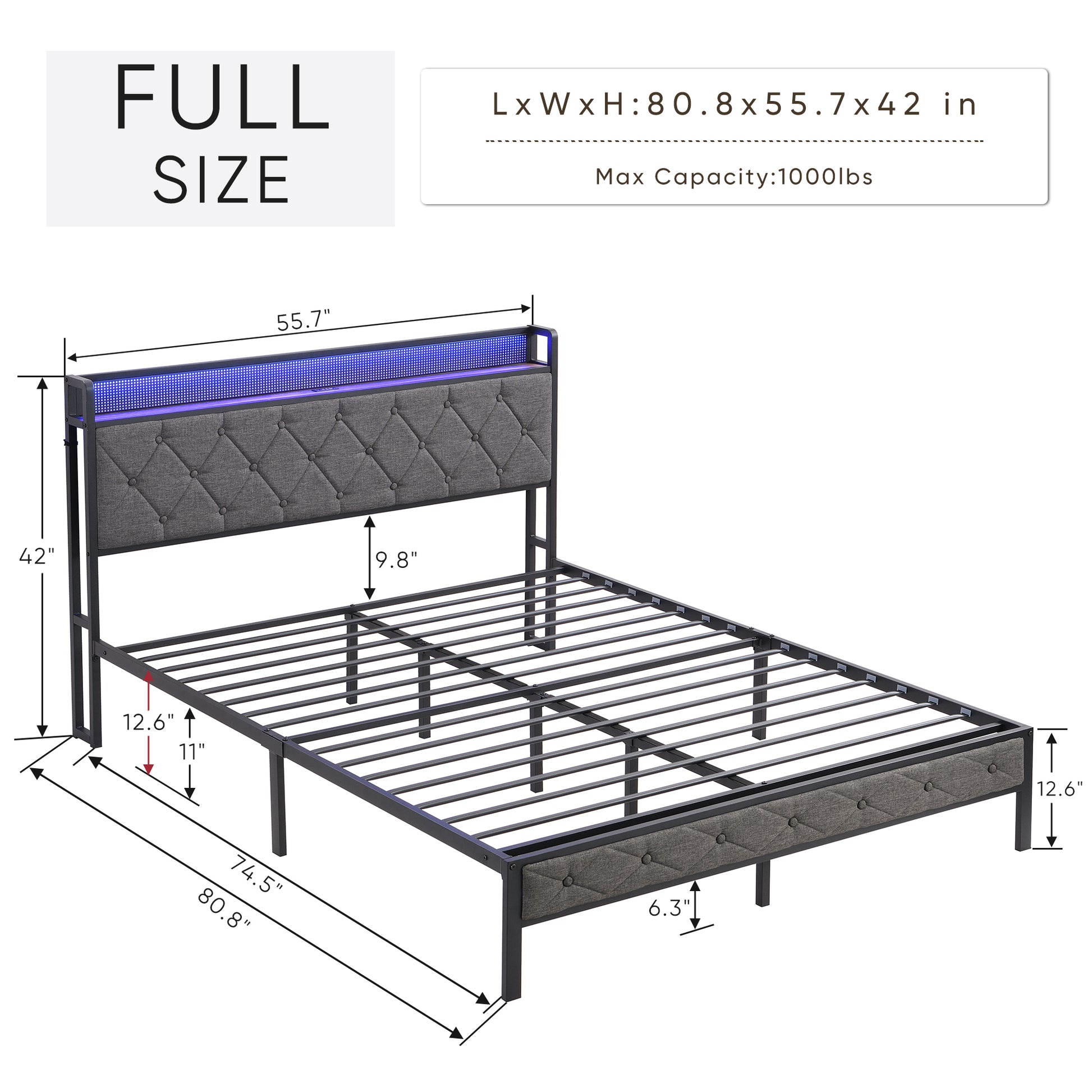Full size upholstered bed frame with LED headboard