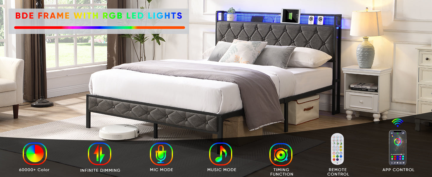 Gray upholstered queen bed frame with diamond tufting and RGB LED headboard lights