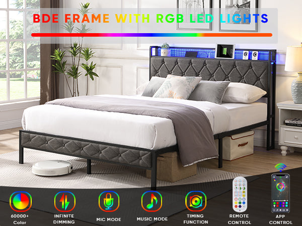 Tufted upholstered queen bed frame with builtin RGB LED headboard lights