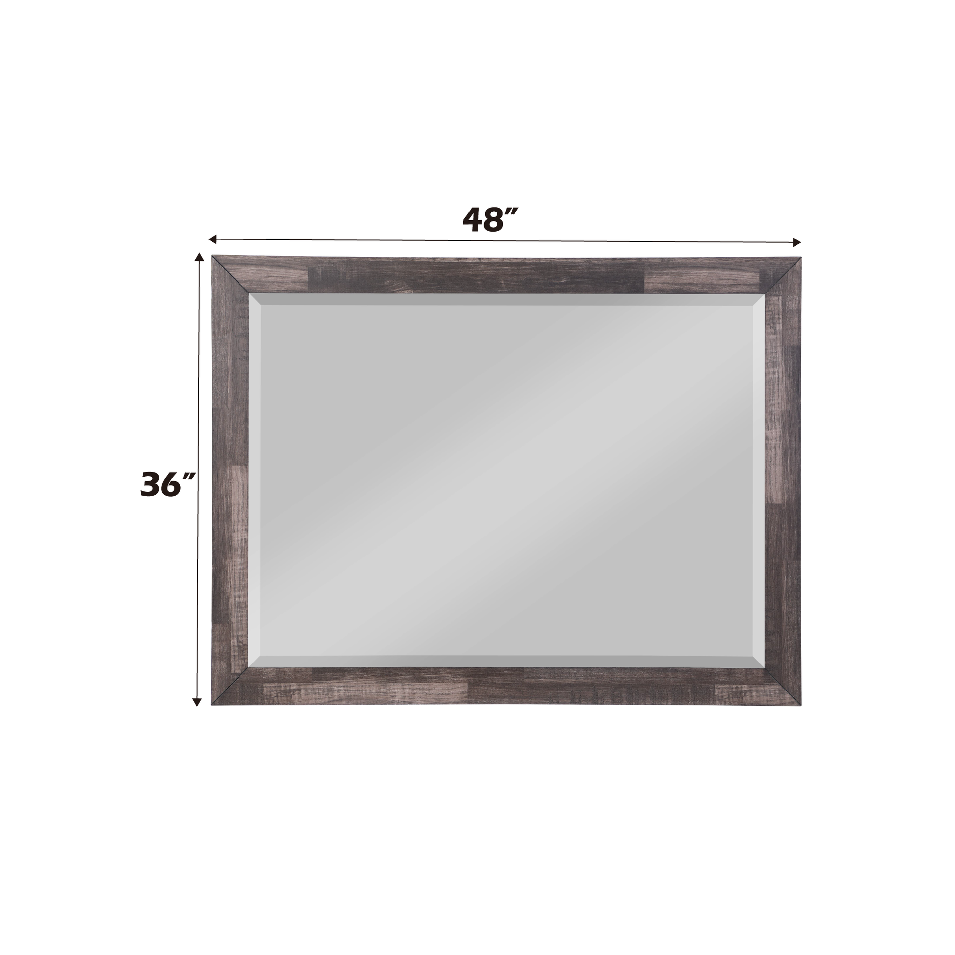 Rectangular beveled mirror with a distressed dark wood frame  inches wide and  inches tall