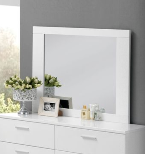 White contemporary dresser mirror with clean lines and smooth finish