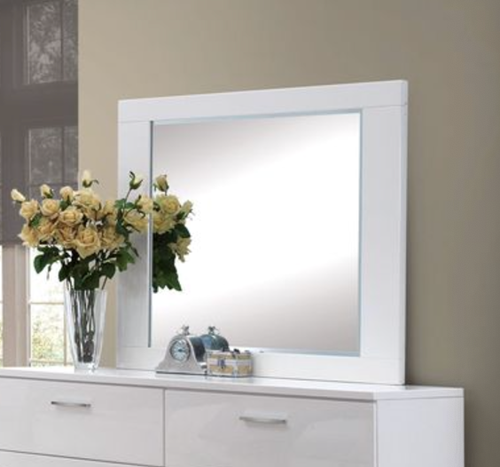 Modern white wood framed vanity mirror with beveled glass