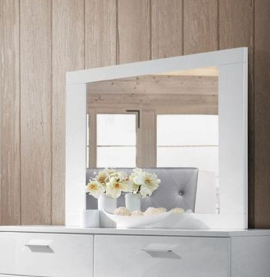 White wooden frame dresser mirror with floral decor