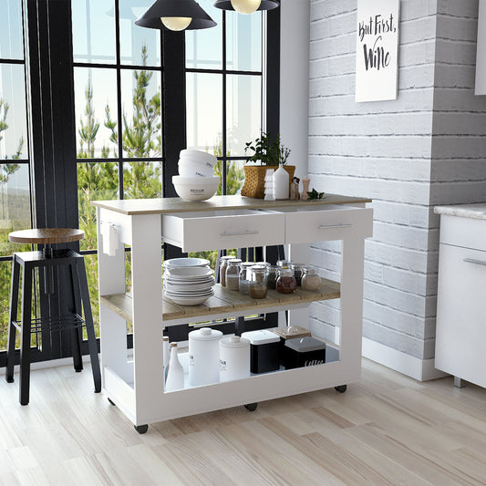 White and wood kitchen cart with storage drawers and shelves