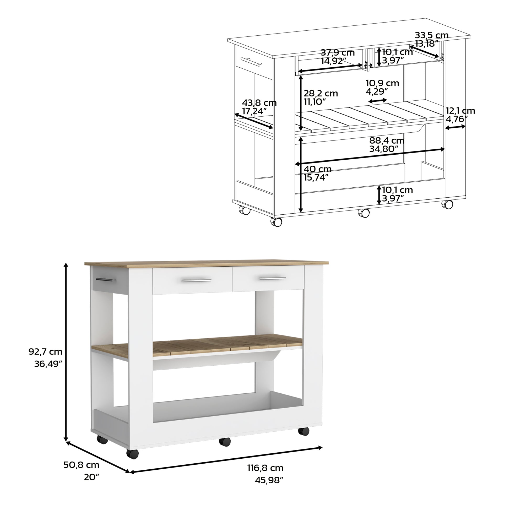 White kitchen cart with two drawers open shelves and casters for easy mobility