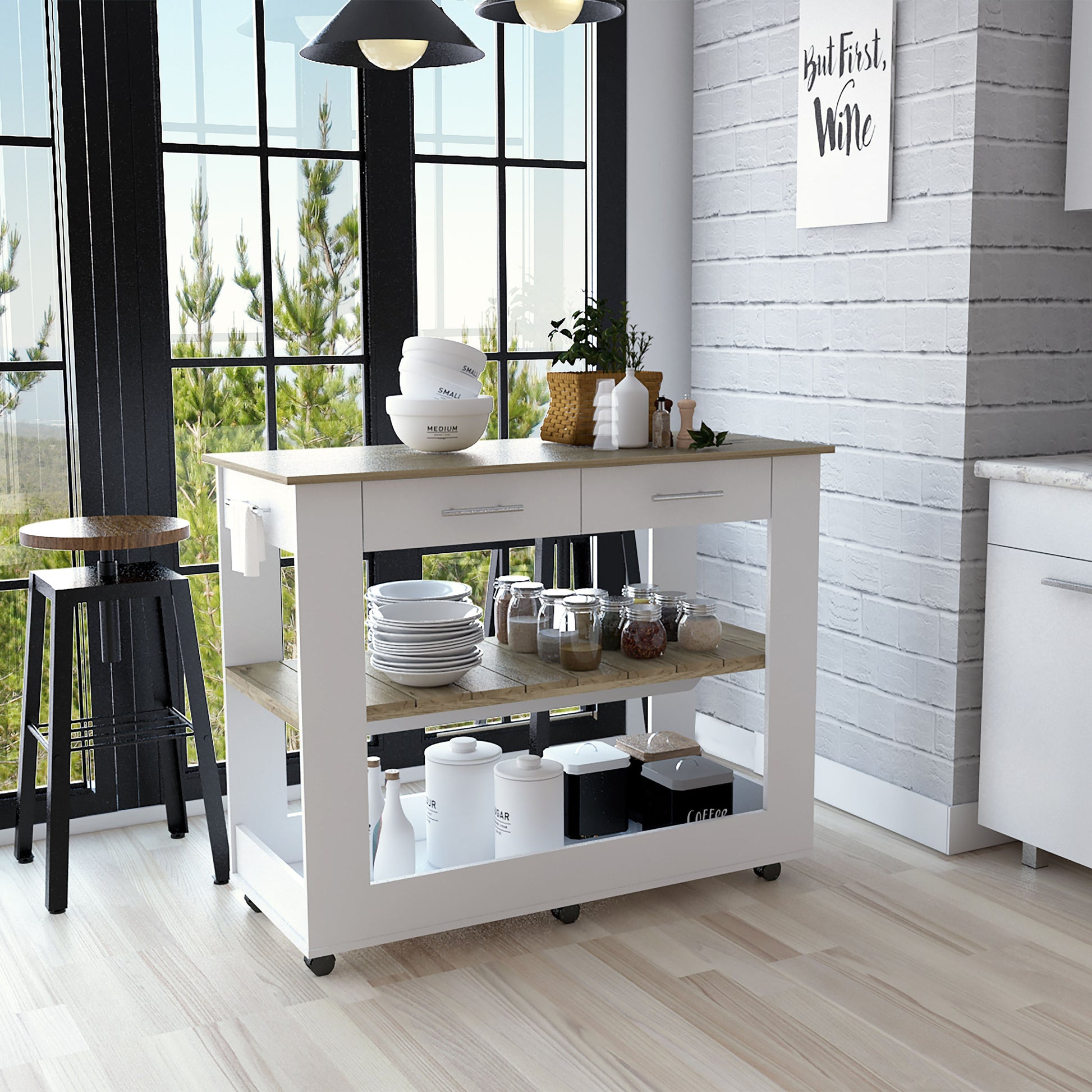 White and wood kitchen island cart with storage drawers and shelves ideal for small kitchens