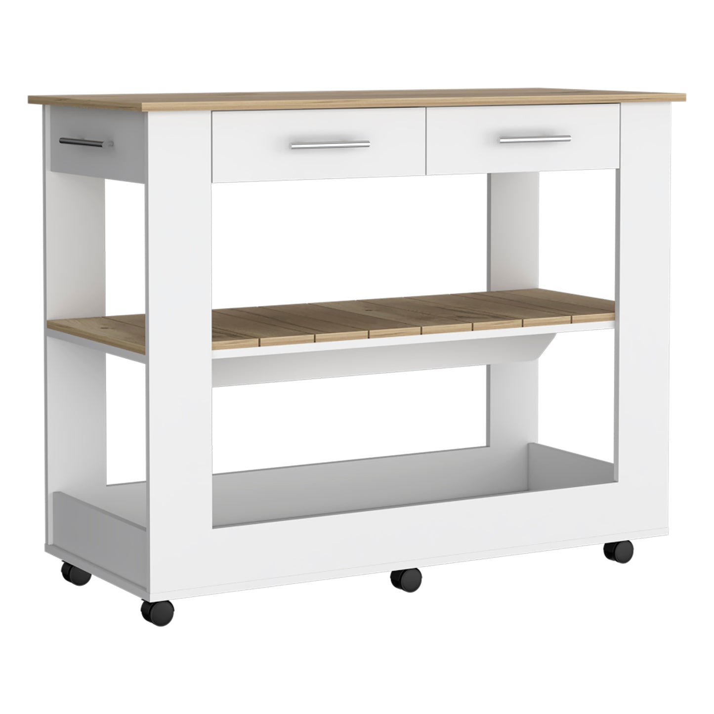 White kitchen cart with two drawers and slatted wood shelf