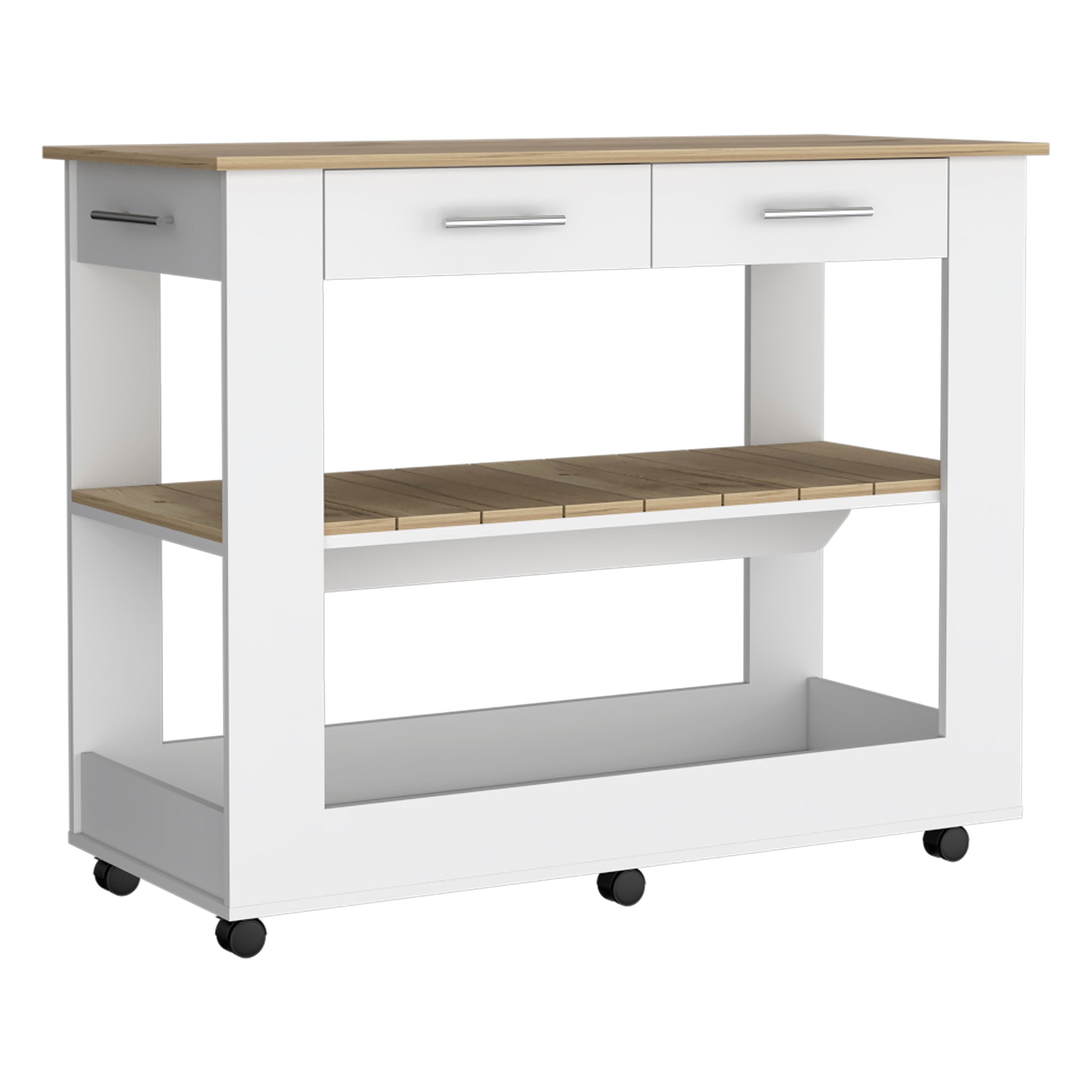 White kitchen cart with two drawers and slatted wood shelf
