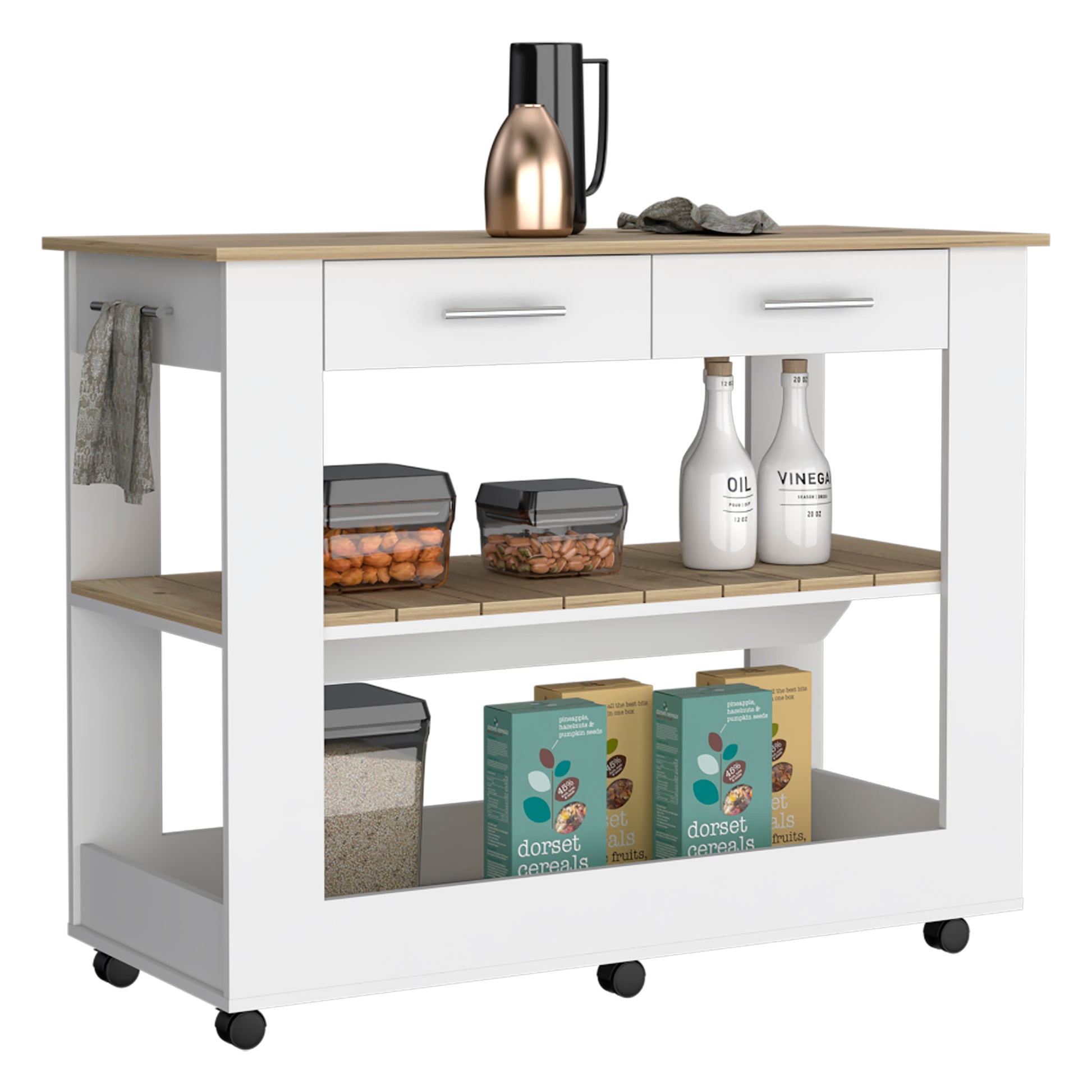 White and wood kitchen cart with two drawers and open shelving