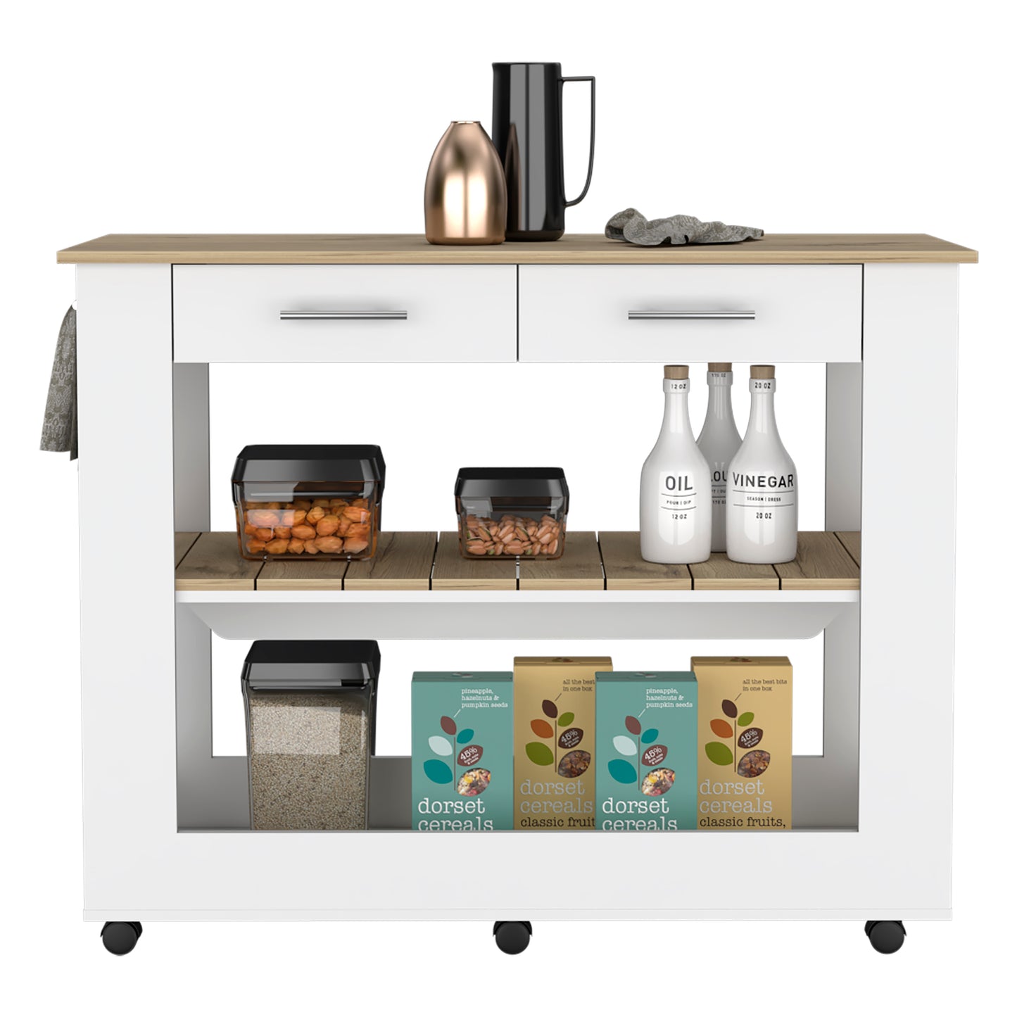 White kitchen cart with wood top and storage shelves holding cereal boxes and oil bottles