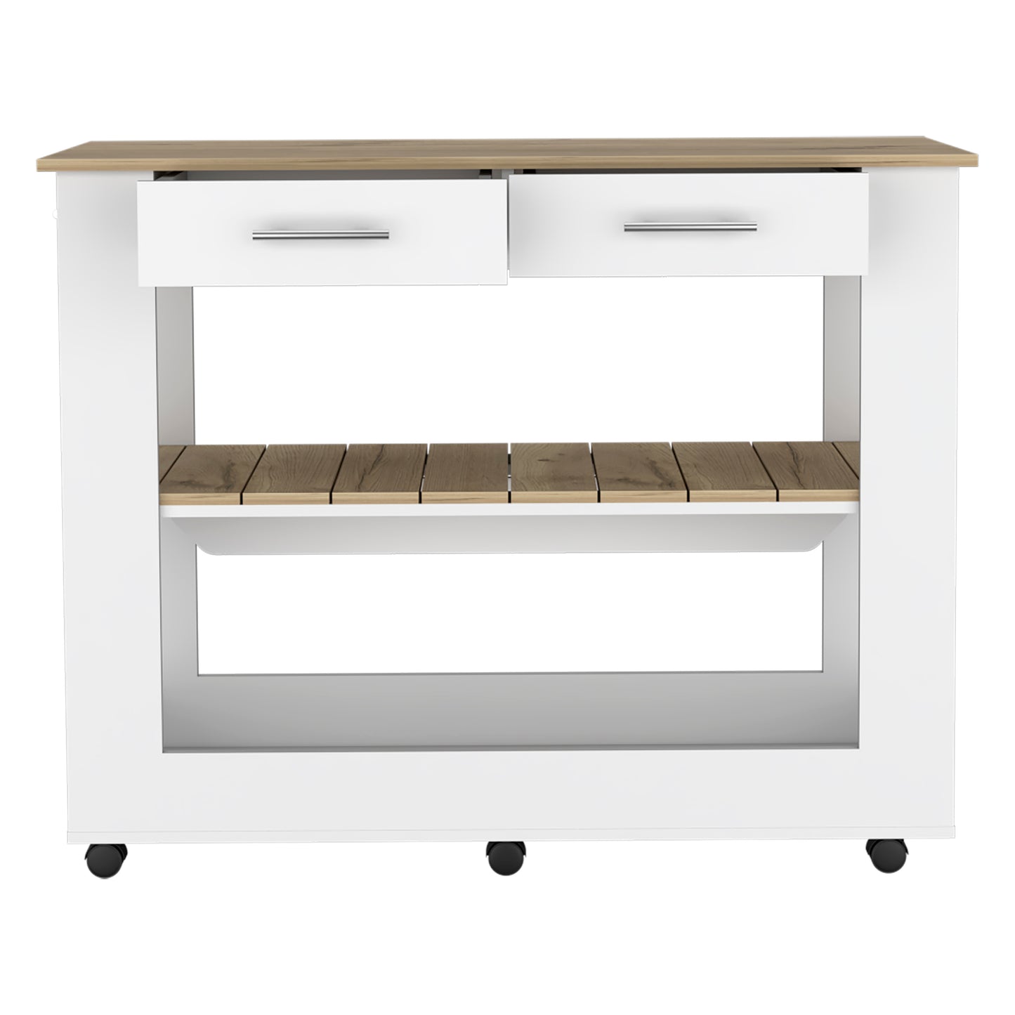 White and oak kitchen cart with two drawers and a slatted shelf