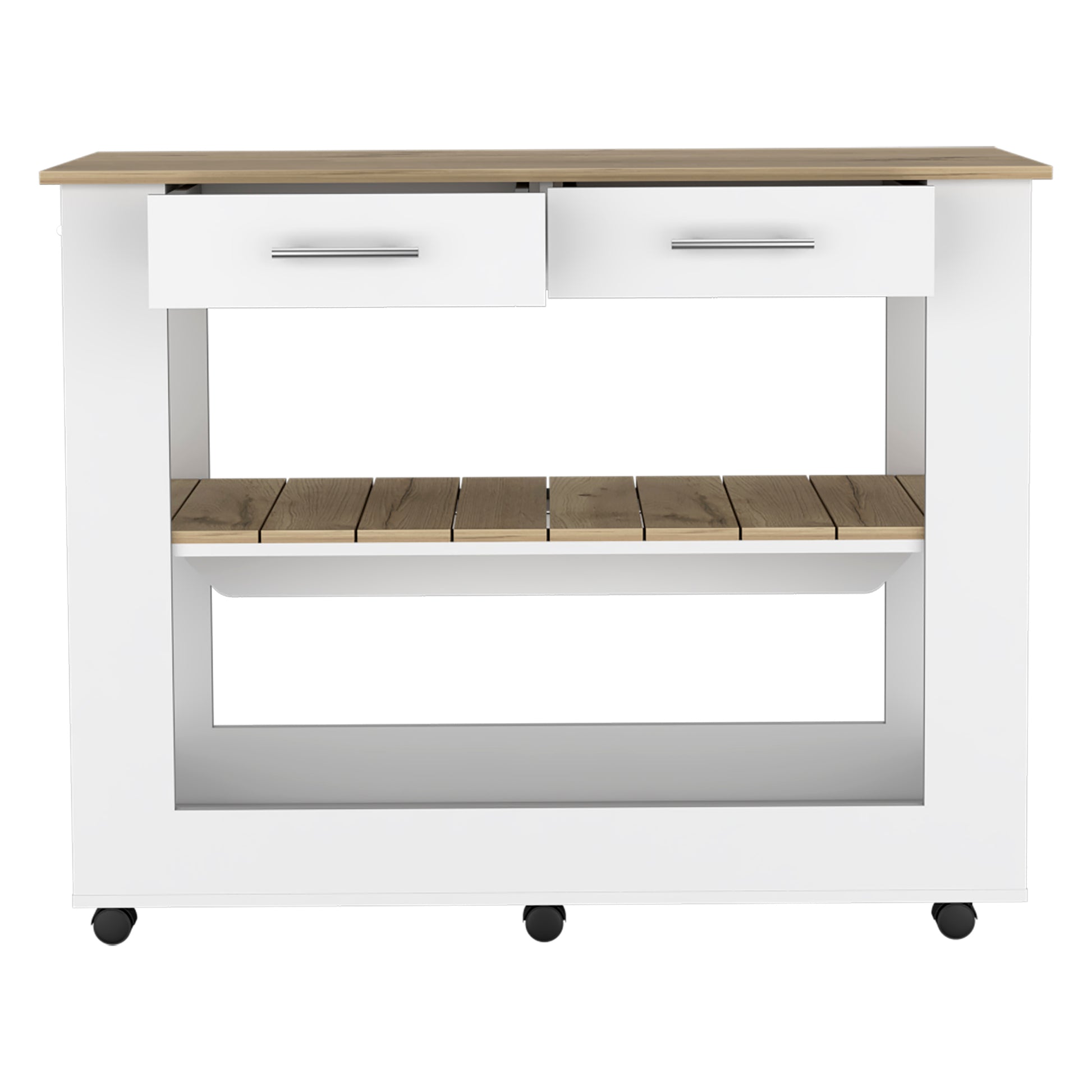 White and oak kitchen cart with two drawers and a slatted shelf