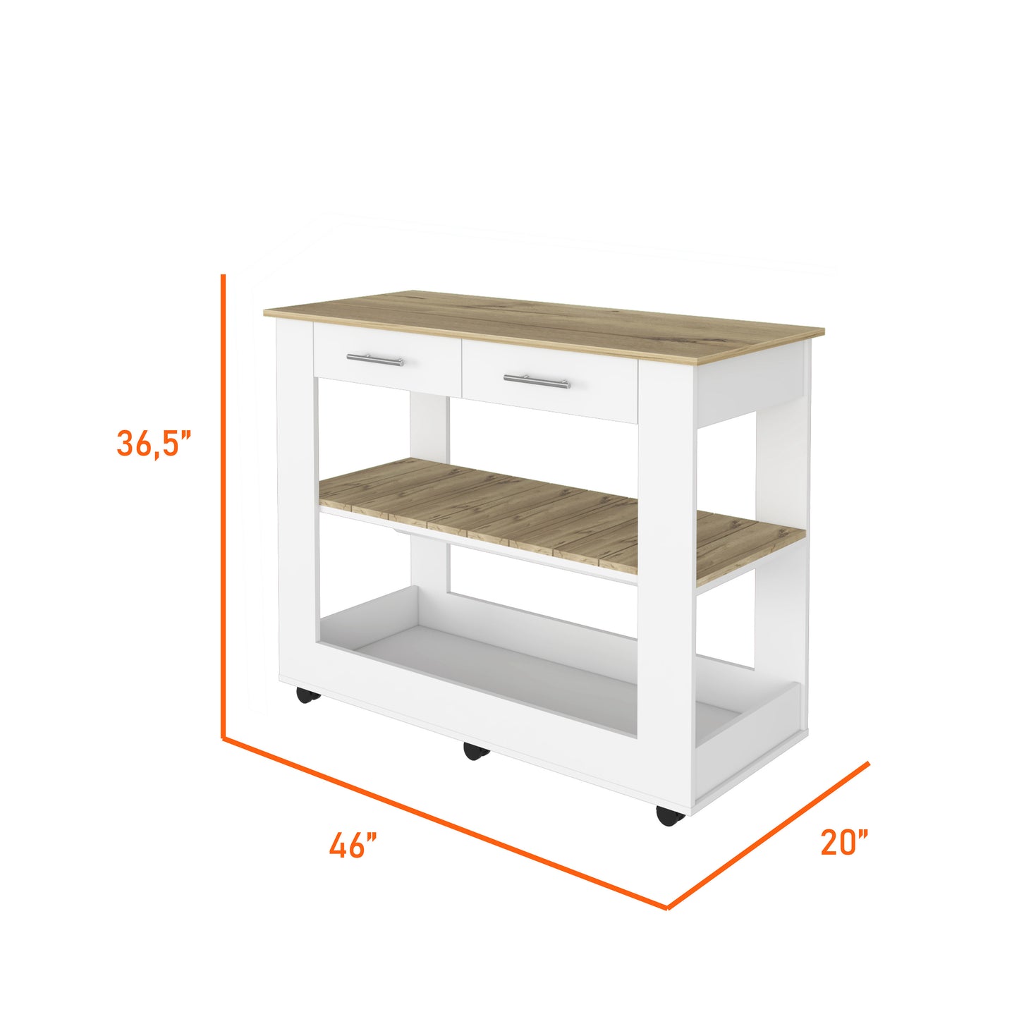 White kitchen island cart with two drawers and open shelves