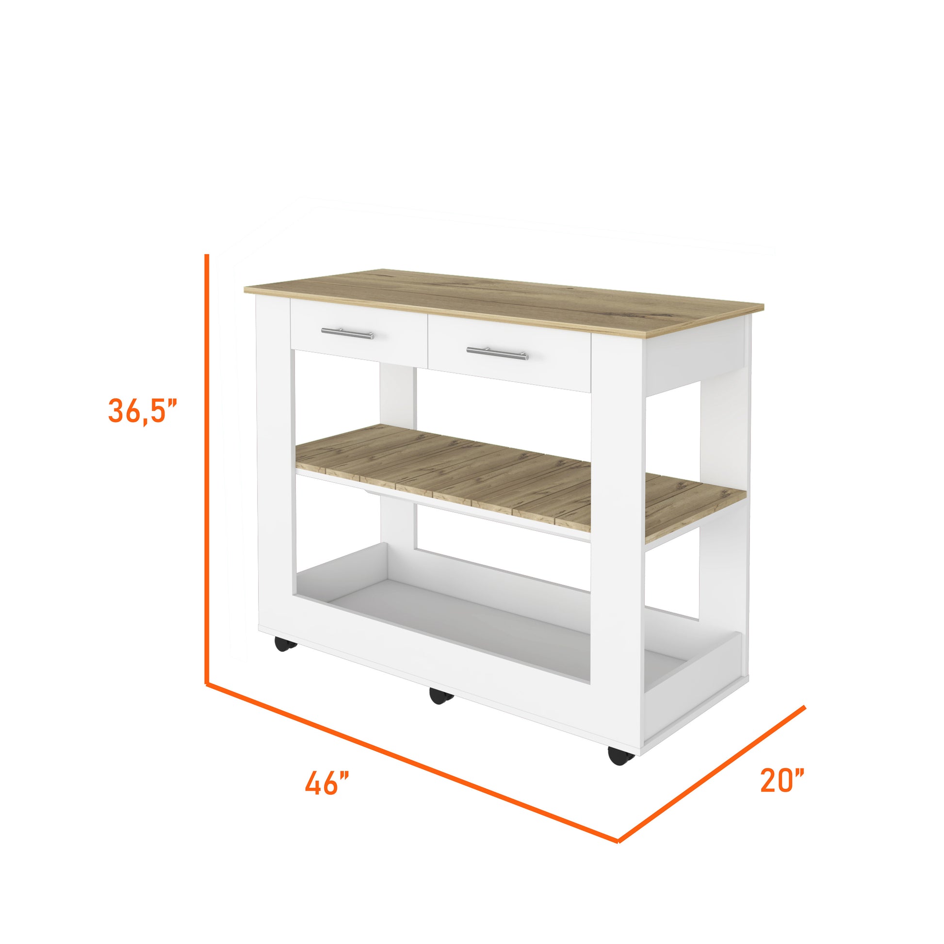 White kitchen island cart with two drawers and open shelves