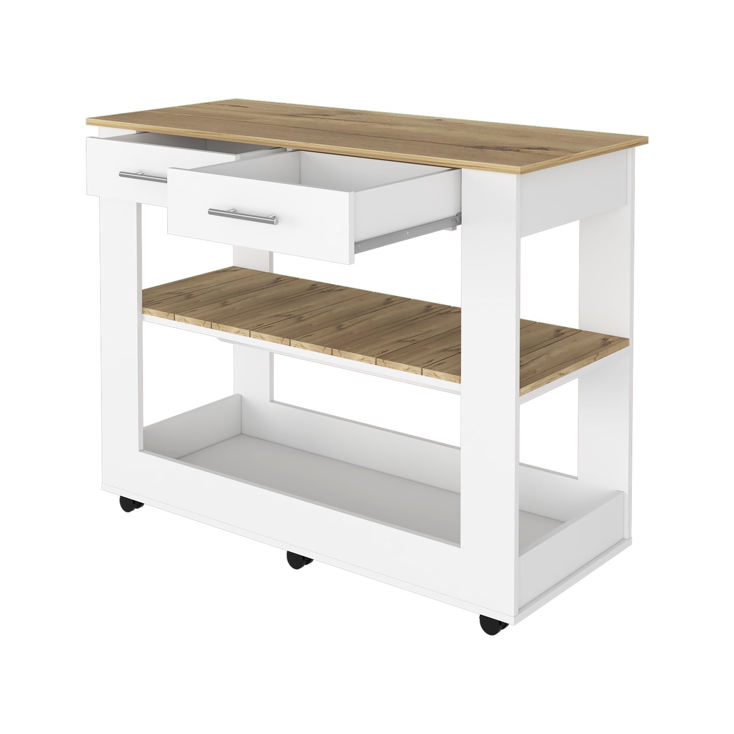 White kitchen cart with woodgrain drawers and shelves on wheels