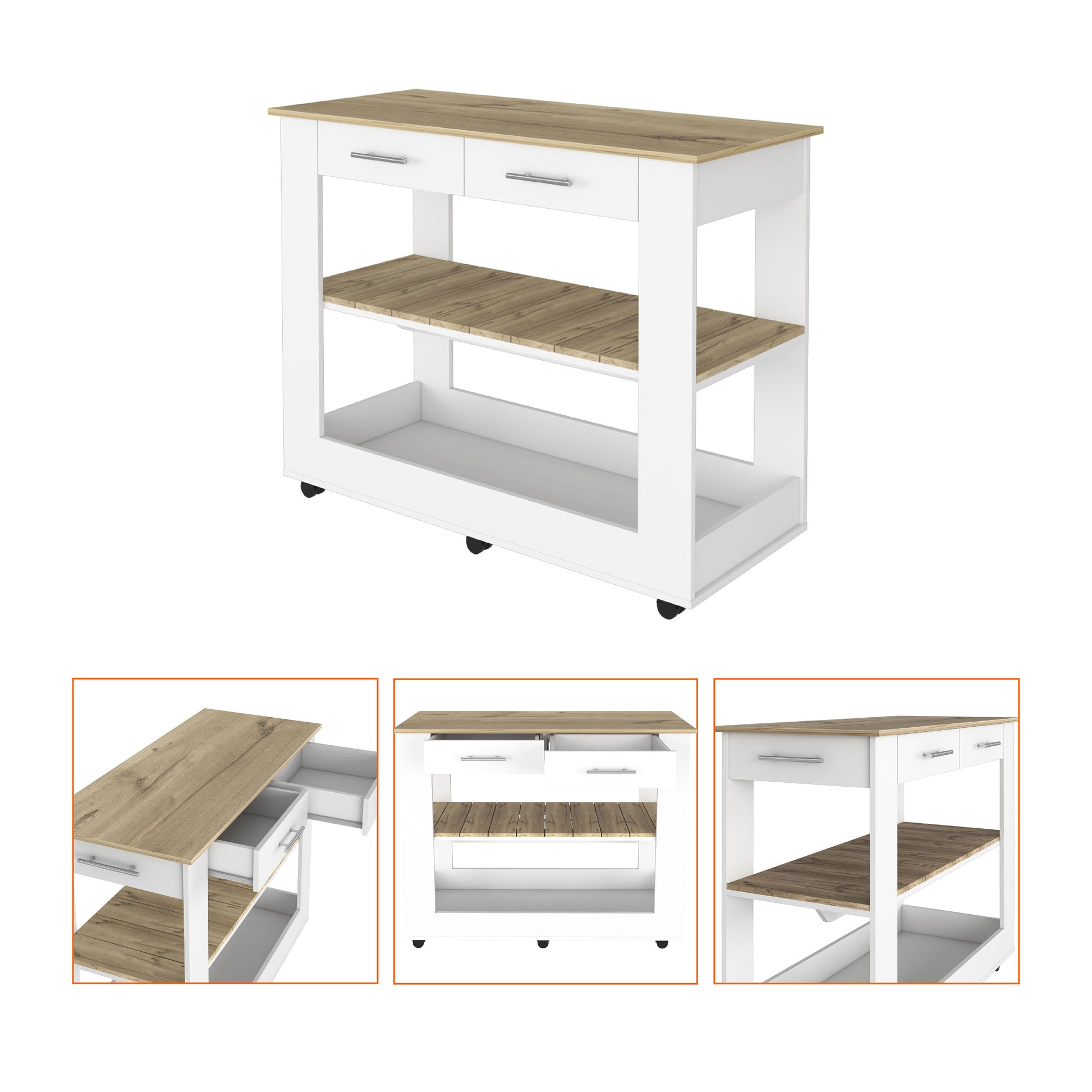 White kitchen island cart with two drawers and natural wood shelves