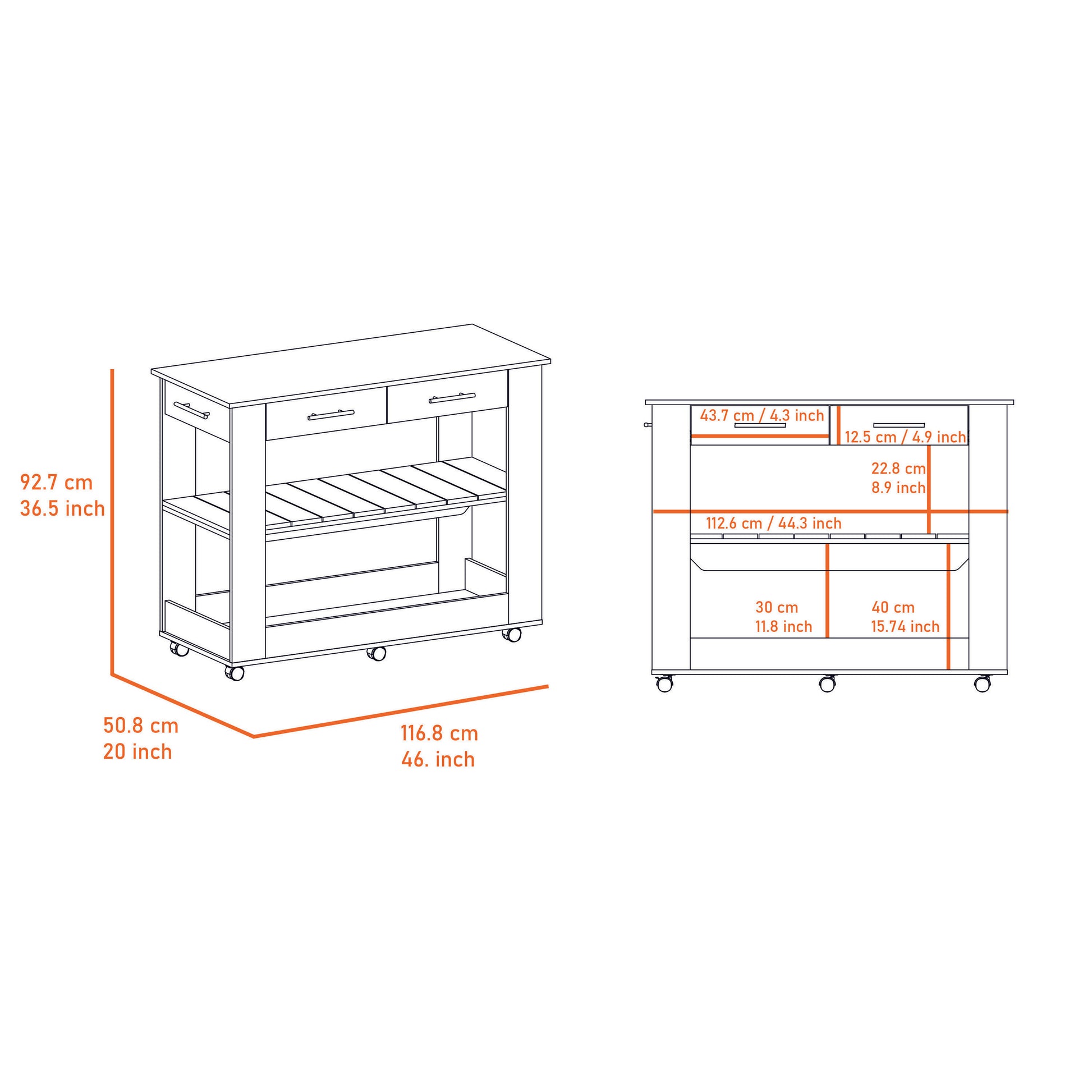 Kitchen island cart schematic with dimensions