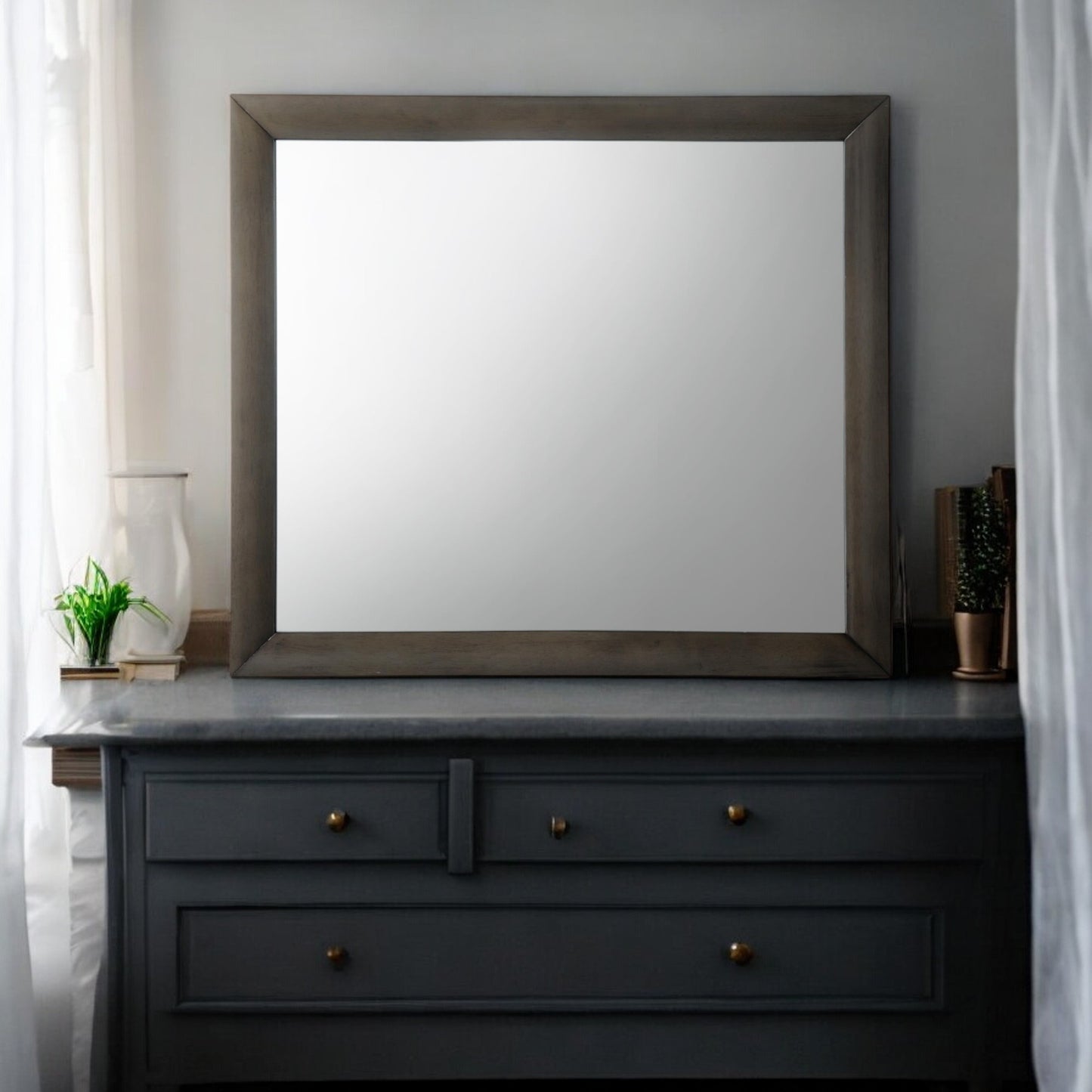 Large rectangular wall mirror with rustic grey wood frame