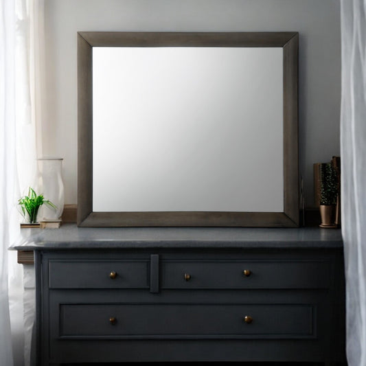 Large rectangular wall mirror with rustic grey wood frame