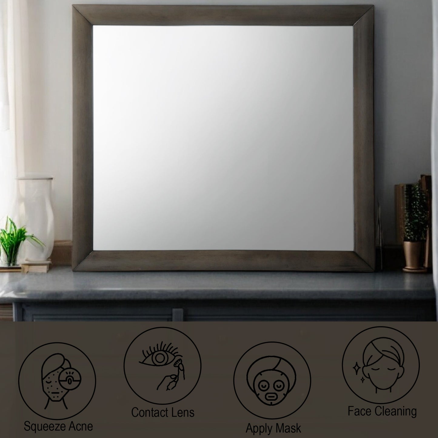 Rustic wooden framed rectangular wall mirror for bathroom vanity