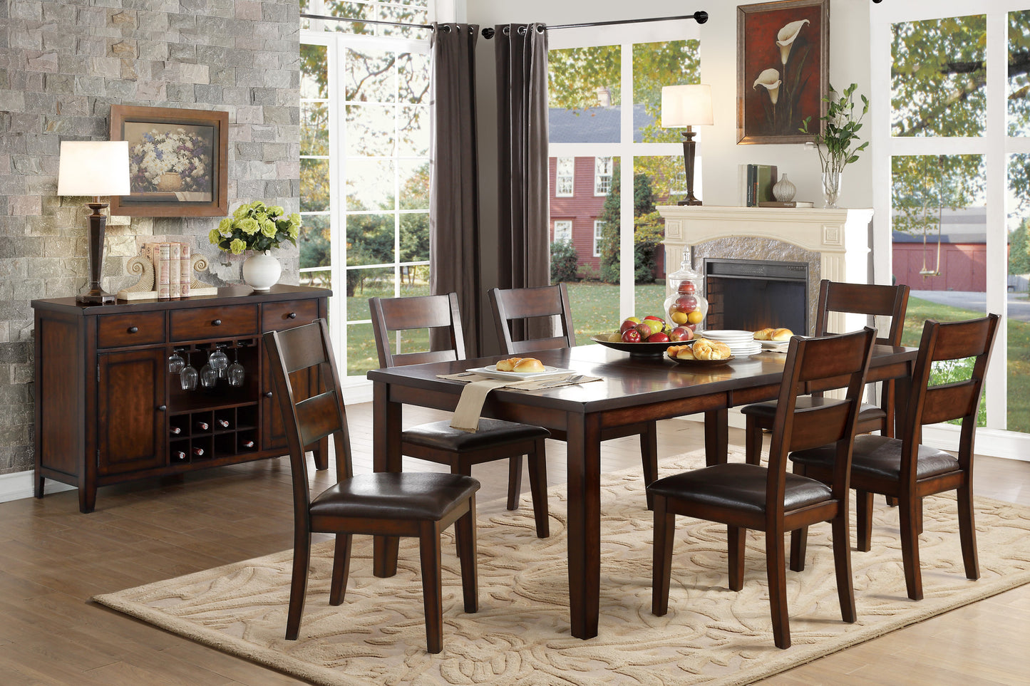Dark wood dining table with six upholstered chairs