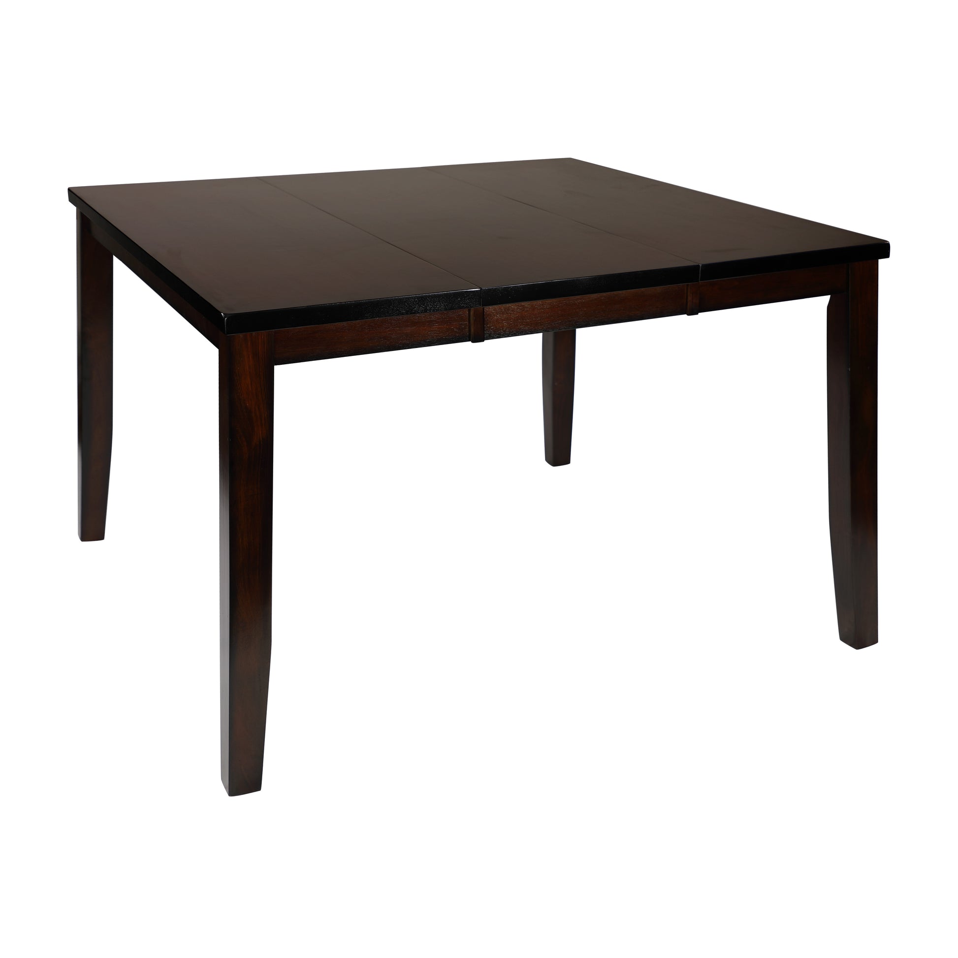 Dark brown wood dining table with tapered legs