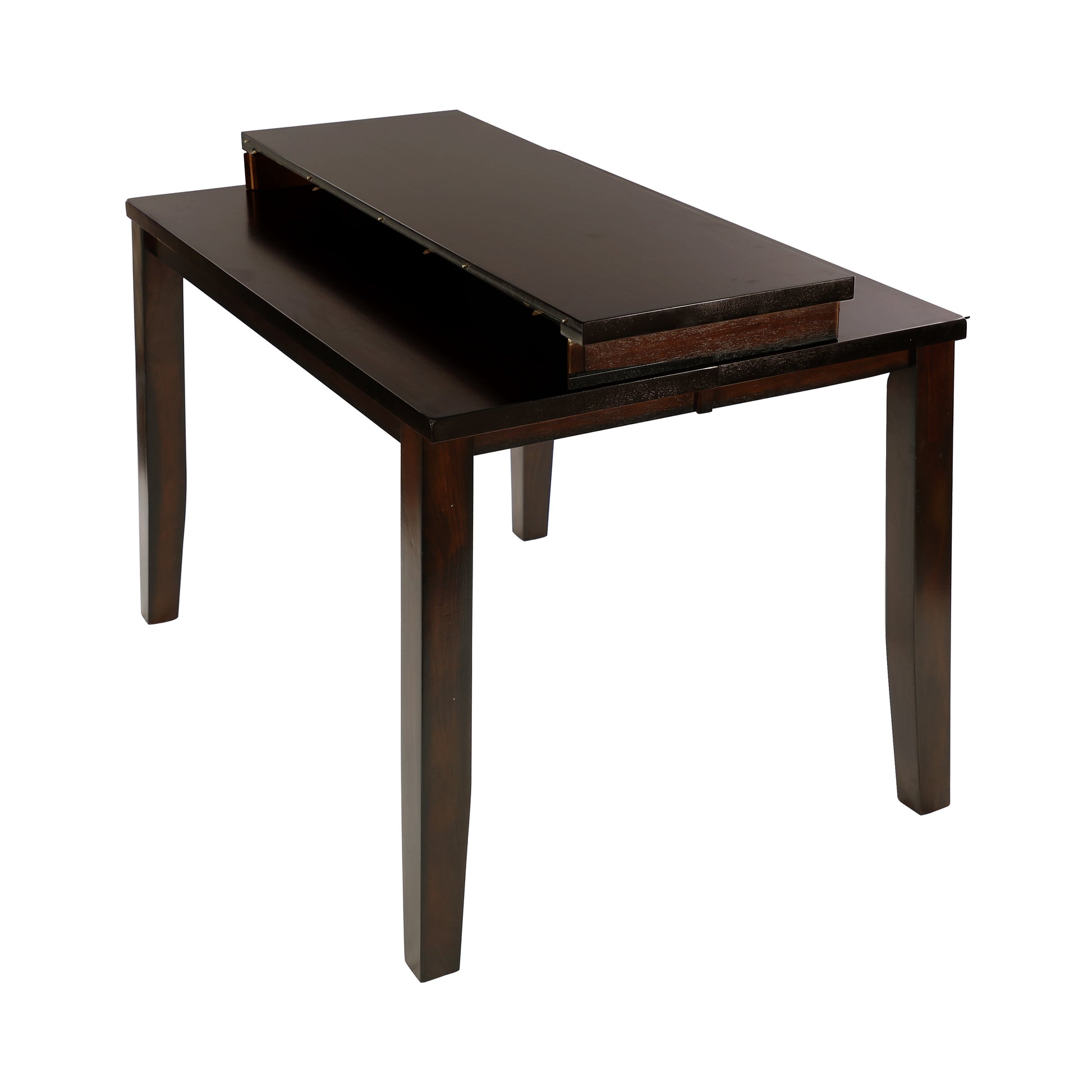 Dark brown wood dining table with extending leaf