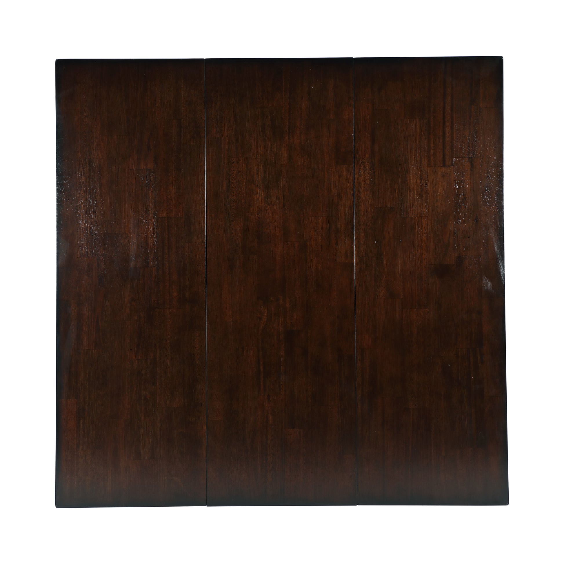 Dark brown wood dining table top showcasing rich grain details and a polished finish