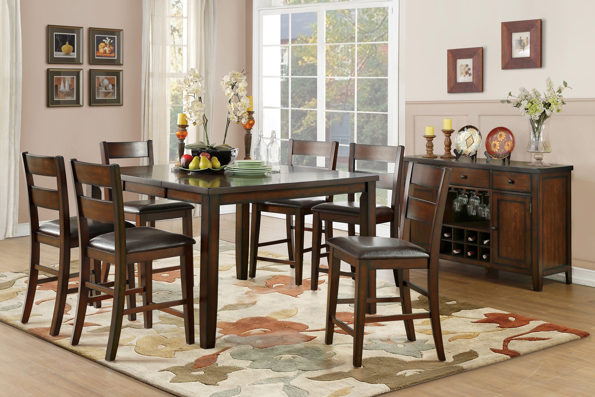 Dark wood counter height dining table set with leather upholstered stools