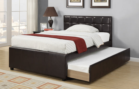 TREATLIFE HOME Cozy Twin Size Bed with Trundle for Kids, Espresso Faux Leather Upholstery, Stylish Wooden Slats, Modern Design