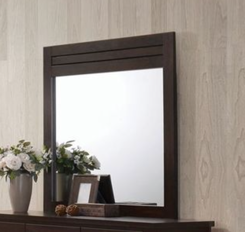 Dark wood dresser mirror with horizontal slat detail