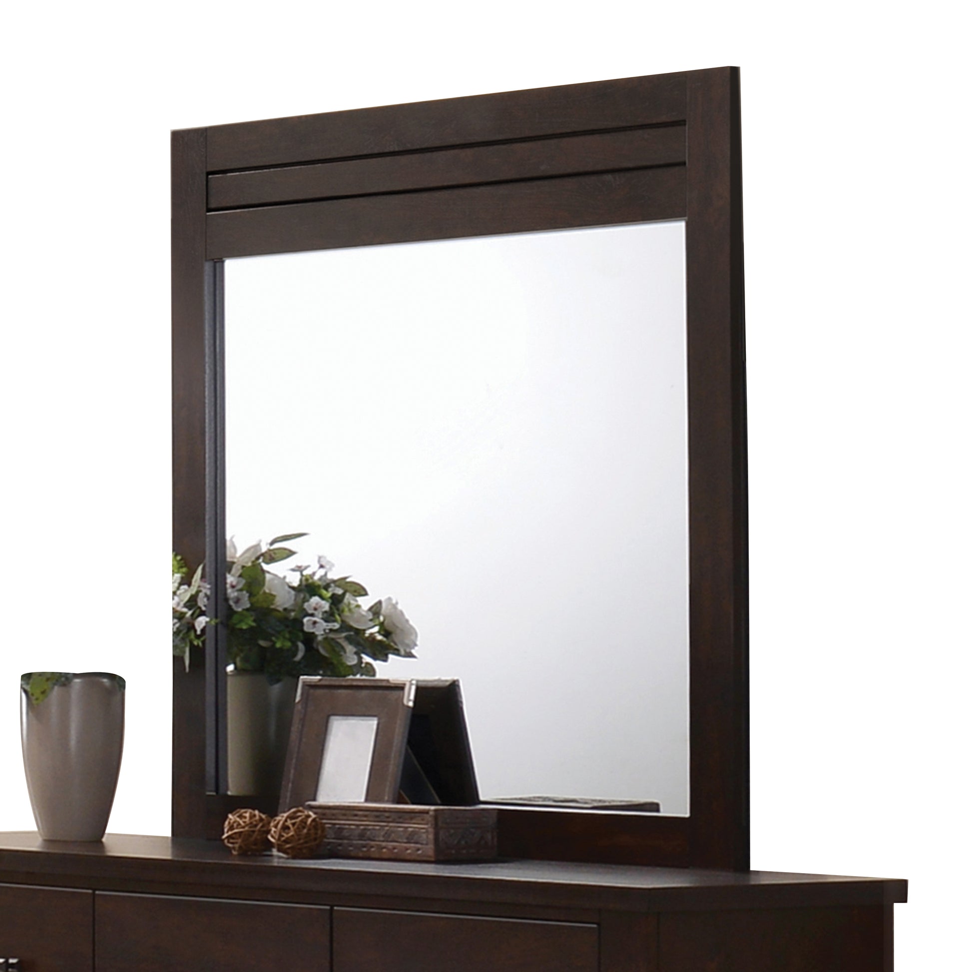 Dark brown wood mirror with horizontal slats on frame