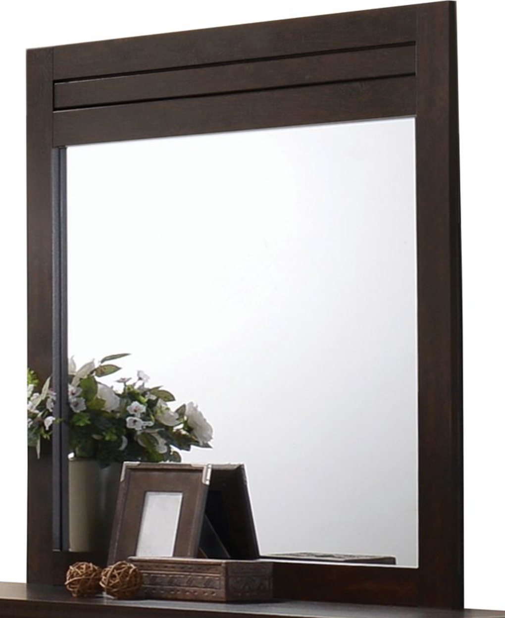 Dark wood dresser mirror with a sleek modern frame and decorative top detail