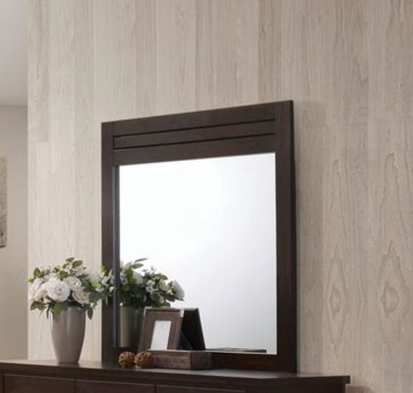 Dark wood dresser mirror with horizontal slatted frame and subtle wood grain