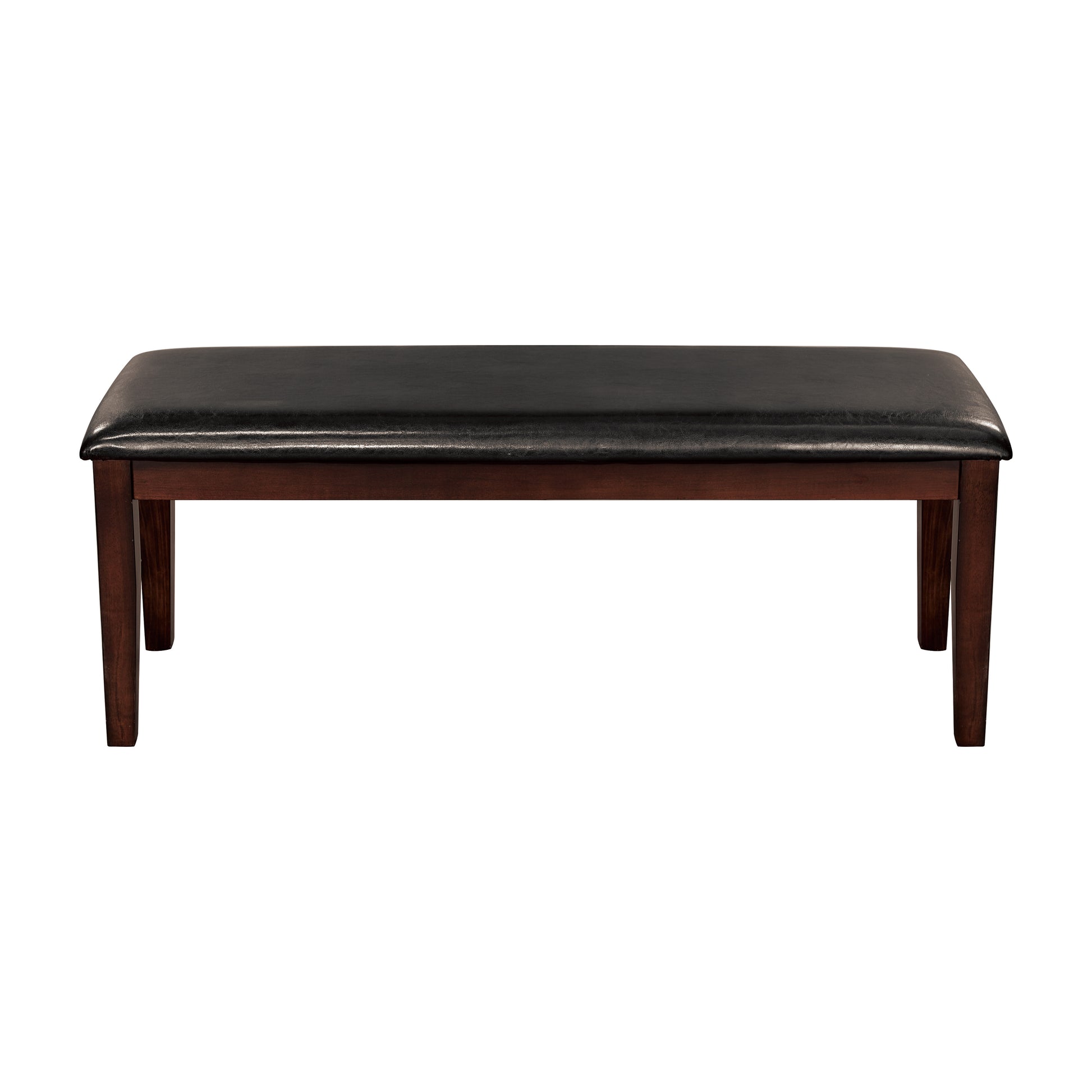 Dark brown upholstered bench with wooden legs