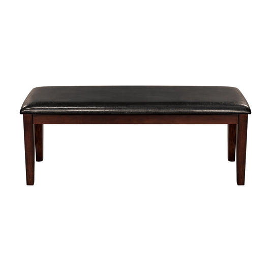 Dark brown upholstered bench with wooden legs