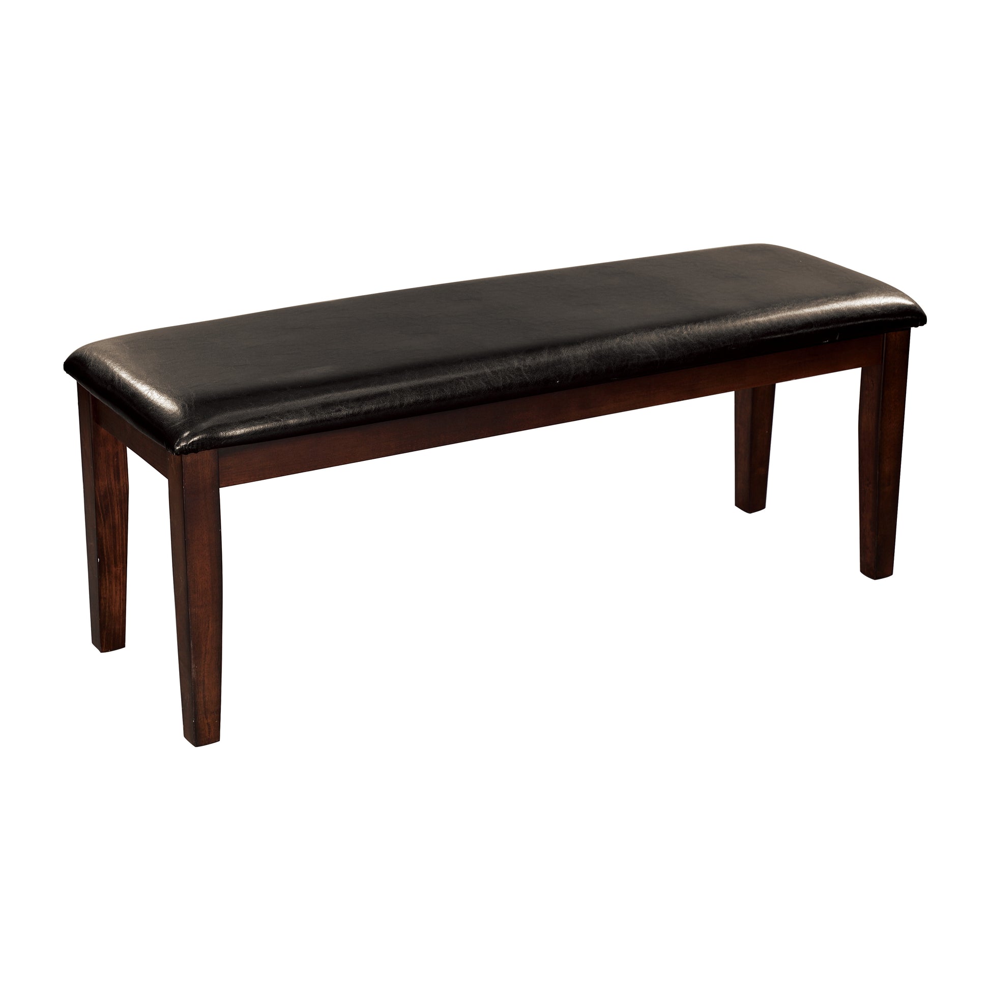 Dark brown upholstered bench with faux leather cushion