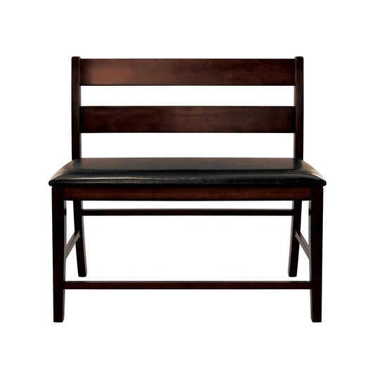 Dark wood bench with padded black seat
