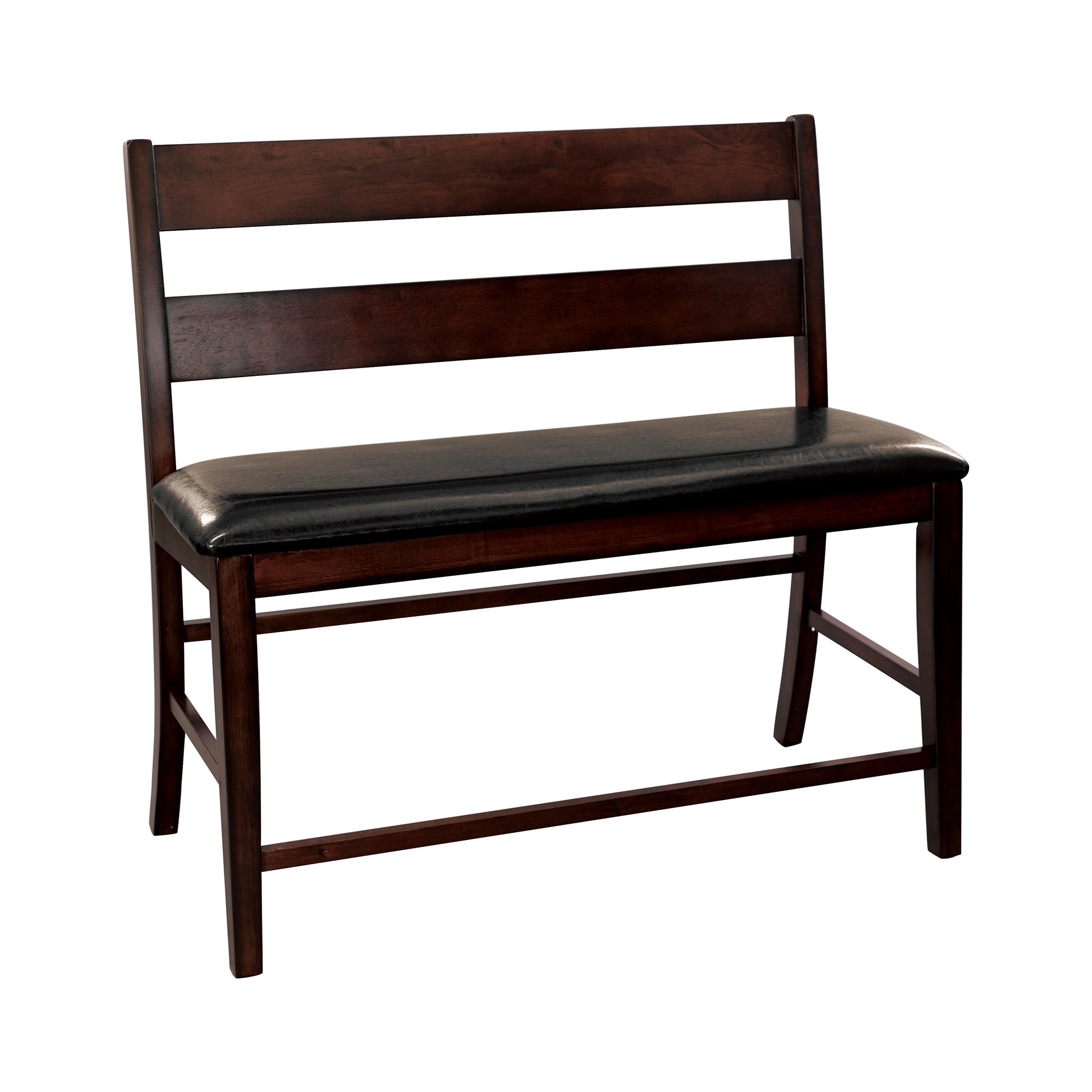 Dark brown wood bench with black leather seat and slatted backrest