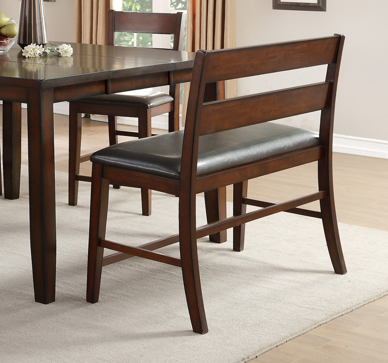 Wooden counter height stool with dark brown faux leather seat