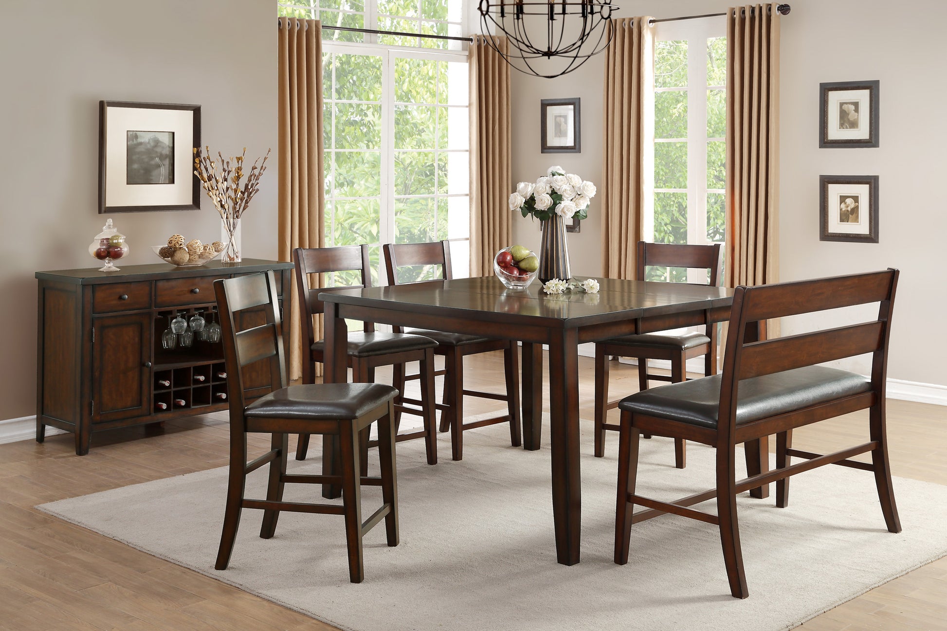 Dark wood dining table set with upholstered counter stools and bench