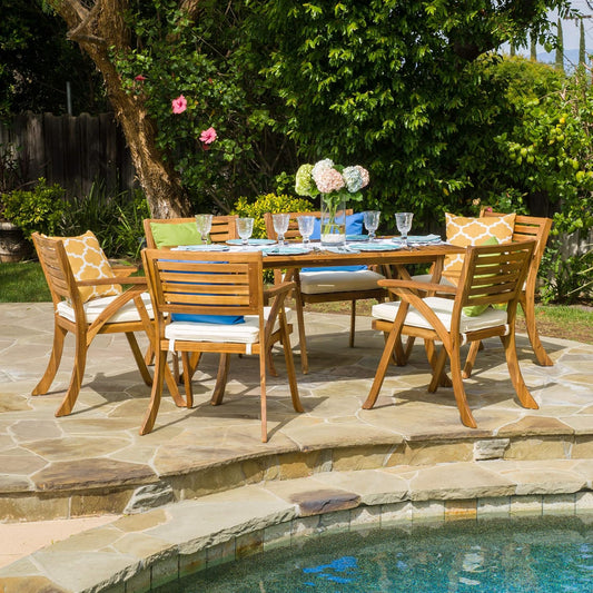 TREATLIFE HOME Outdoor 7-Piece Wood Dining Set with Cream Cushions, Acacia Wood, Teak Finish